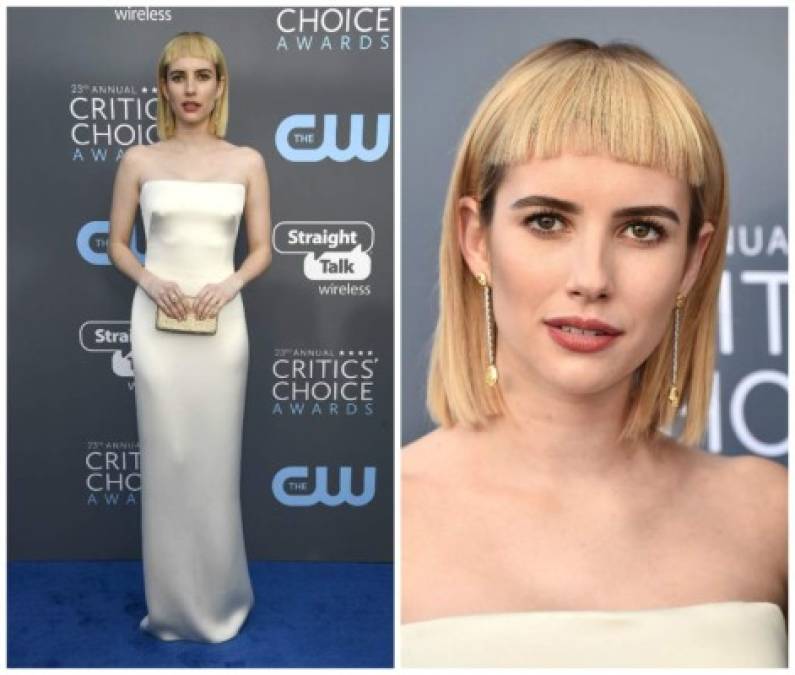 La actriz Emma Roberts usó un vestido de satén de seda blanco de Giorgio Armani, pero su look se vio estropeado por su elección en el peinado.<br/>La estrella de American Horror Story apareció con un flequillo demasiado corto que la hizo objeto de burlas.<br/>