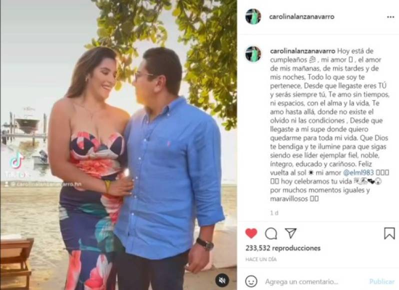 Ayer, la comunicadora público en su cuenta de Instagram un romántico mensaje para su novio: 'Hoy está de cumpleaños, mi amor, el amor de mis mañanas, de mis tardes y de mis noches, Todo lo que soy te pertenece, Desde que llegaste eres TÚ y serás siempre tú, Te amo sin tiempos, ni espacios, con el alma y la vida, Te amo hasta allá, donde no existe el olvido ni las condiciones. Desde que llegaste a mí supe donde quiero quedarme para toda mi vida. Que Dios te bendiga y te ilumine para que sigas siendo ese líder ejemplar fiel, noble, íntegro, educado y cariñoso. Feliz vuelta al sol mi amor @elml983. Hoy celebramos tu vida, por muchos momentos iguales y maravillosos'.