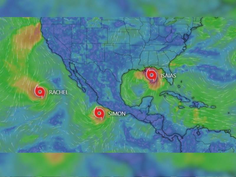 Isaías avanza hacia la costa estadounidense del golfo, Simón amenaza el occidente mexicano con lluvias torrenciales y oleaje elevado, mientras Rachel se desplaza por el Pacífico hacia el norte de Baja California.
