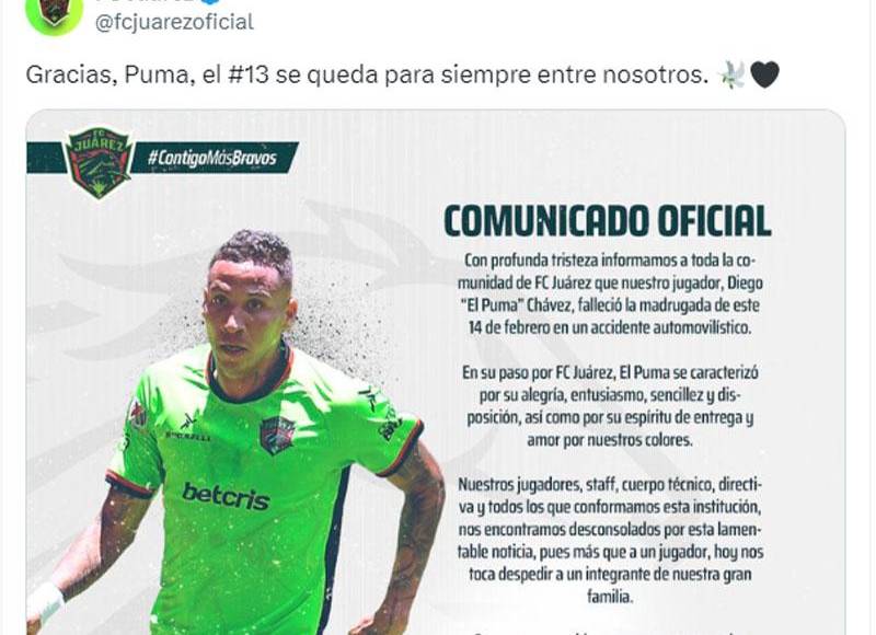 Por medio de sus redes sociales oficiales, el Futbol Club Juárez confirmó la noticia de su jugador, quien se encontraba en activo. En el equipo confirmaron que el deceso del mediocampista aconteció durante la madrugada del 14 de febrero en un accidente automovilístico.