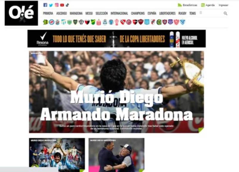 El diario Olé de Argentina, de luto. 'Murió Diego Armando Maradona'. 'Sufrió un paro cardiorespiratorio en la casa de Tigre en la que se había instalado tras haber sido operado de un hematoma subdural. Conmoción mundial'.