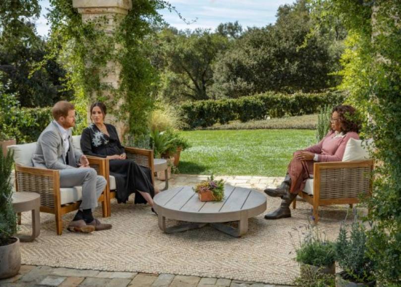 This undated image released March 7, 2021 courtesy of Harpo Productions shows Britain's Prince Harry (L) and his wife Meghan (C), Duchess of Sussex, in a conversation with US television host Oprah Winfrey. - Britain's royal family on March 7, 2021 braced for further revelations from Prince Harry and his American wife, Meghan, as a week of transatlantic claim and counter-claim reaches a climax with the broadcast of their interview with Oprah Winfrey. The two-hour interview with the US TV queen is the biggest royal tell-all since Harry's mother princess Diana detailed her crumbling marriage to his father Prince Charles in 1995. (Photo by Joe PUGLIESE / HARPO PRODUCTIONS / AFP) / RESTRICTED TO EDITORIAL USE - MANDATORY CREDIT 'AFP PHOTO/ HARPO PRODUCTIONS - Joe PUGLIESE' - NO MARKETING NO ADVERTISING CAMPAIGNS - DISTRIBUTED AS A SERVICE TO CLIENTS --- NO ARCHIVE ---