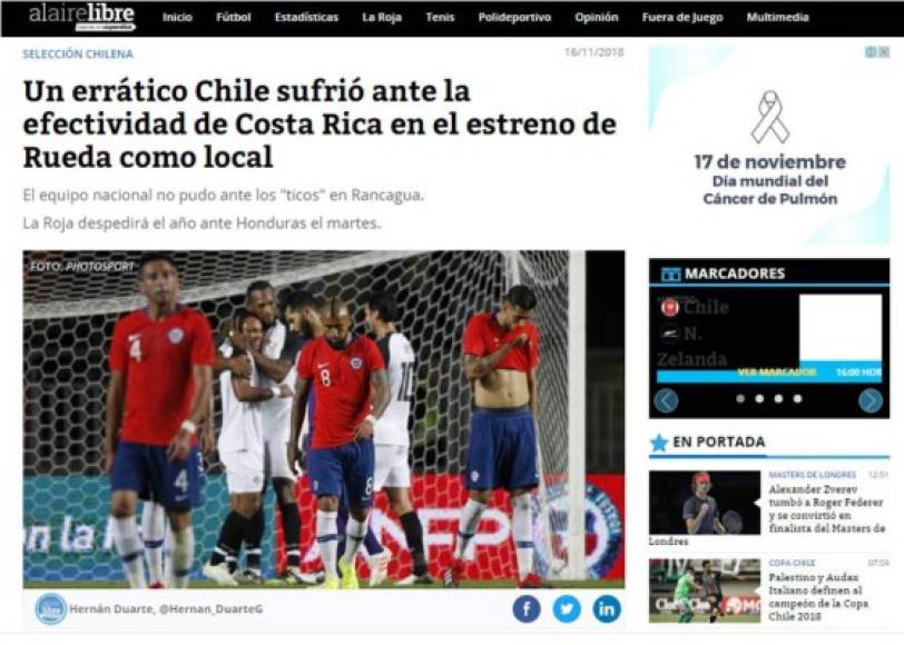 Al Aire Libre - 'Un errático Chile sufrió ante la efectividad de Costa Rica en el estreno de Rueda como local'. 'La Roja despedirá el año ante Honduras el martes'.