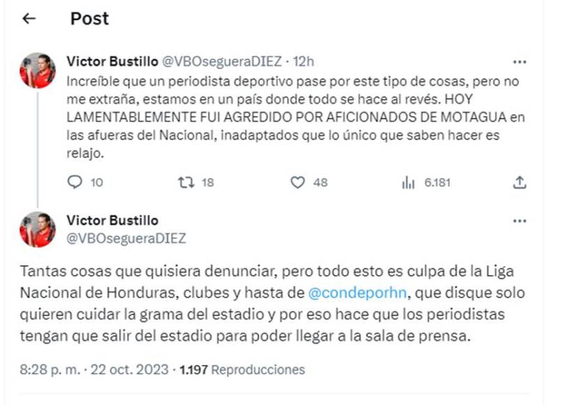 Víctor Bustillo notificó que terriblemente fue agredido por un grupo de aficionados del Motagua en las afueras del estadio Nacional. 