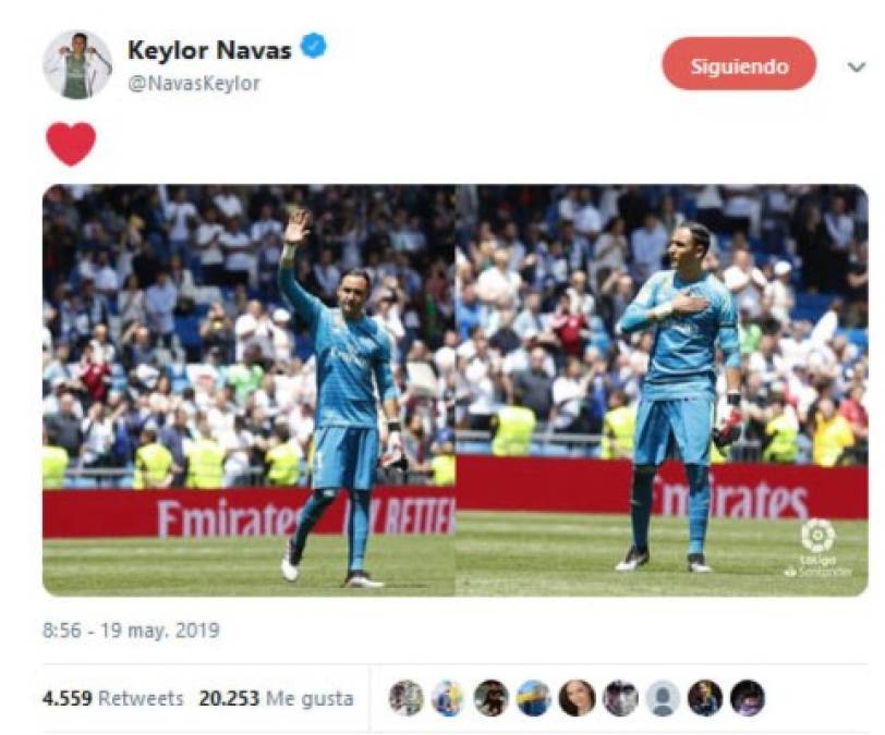 El portero tico Keylor Navas publicó un corazón y varias imágenes en su cuenta de Twitter tras despedirse del madridismo.