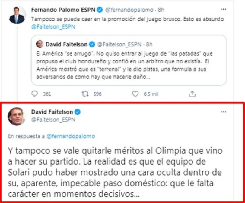 “Y tampoco se vale quitarle méritos al Olimpia que vino a hacer su partido. La realidad es que el equipo de Solari pudo haber mostrado una cara oculta dentro de su, aparente, impecable paso doméstico: que le falta carácter en momentos decisivos...”, respondió David Faitelson a Palomo.