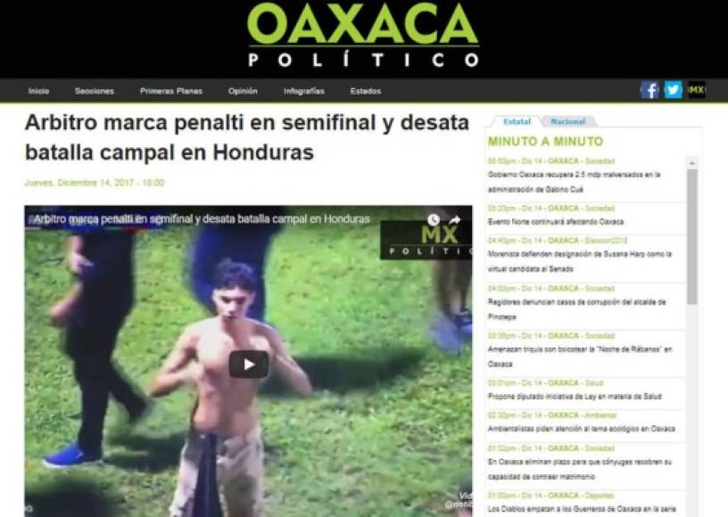 Oaxaca Político de México: 'Árbitro marca penalti en semifinal y desata batalla campal en Honduras'.