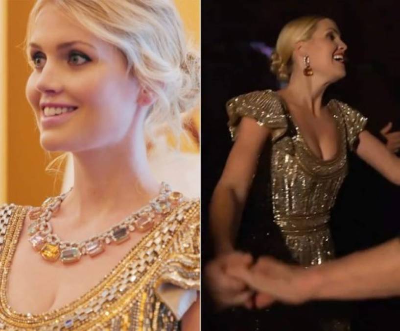 Kitty Spencer vistió un quinto y último diseño con incrustaciones en dorado. Todos sus estilos fueron acompañados con detalles de flores y joyas preciosas.