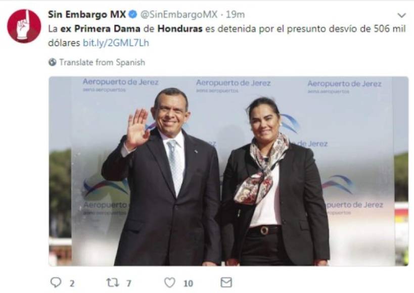 El portal Sin Embargo de México también replicó la información sobre la captura de la ex primera dama de Honduras.