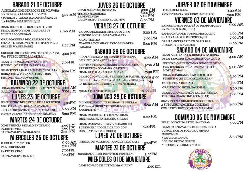 Calendarización de día, fecha y hora de las actividades a realizarse en el mes de la Feria Patronal de Azacualpa, Santa Bárbara.