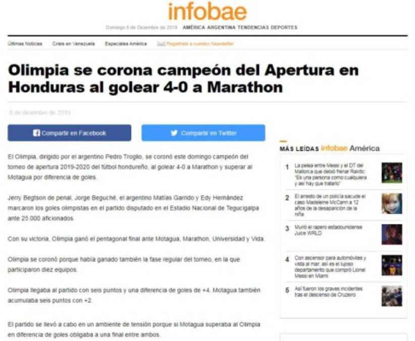Infobae de Argentina - 'Olimpia se corona campeón del Apertura en Honduras al golear 4-0 a Marathon'.