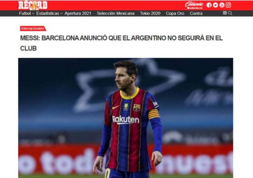 Diario Récord (México) - “Messi: Barcelona anunció que el argentino no seguirá en el club”.