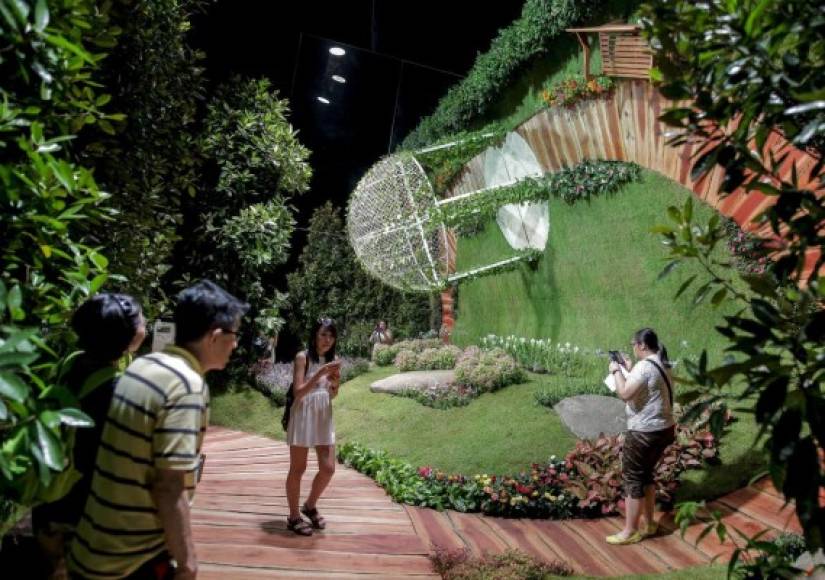 SINGAPUR. Juego de dimensiones. Visitantes caminan por una de las instalaciones del Singapore Garden Festival.