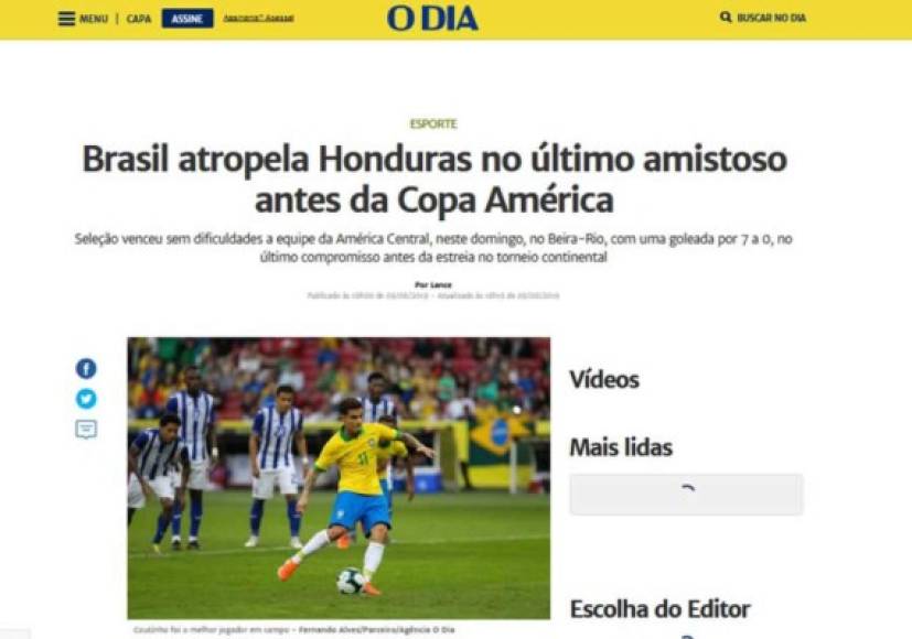 Diario O Dia - 'Brasil golpea Honduras en el último amistoso antes de la Copa América. La selección ganó sin dificultades el equipo de América Central, este domingo, en el Beira-Rio'.