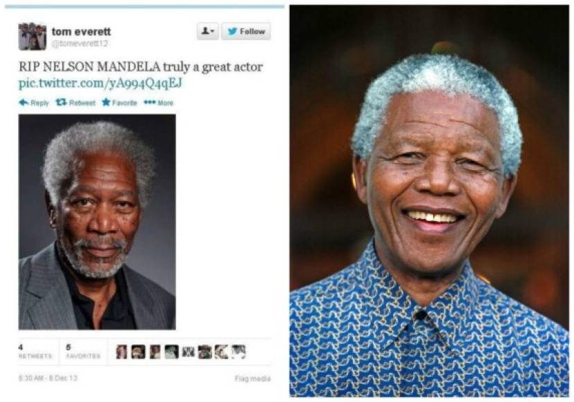 Cuando Nelson Mandela murió en 2013 el actor empezó a ver fotos con su cara en los obituarios de usuarios de internet y gente que decía que Mandela había sido un actor estupendo. Freeman tuvo que dejaran de matarlo. Puede ser que hayan confundido al mandatario con el actor por la película 'Invictus' donde Freeman interpretó a Mandela.<br/>