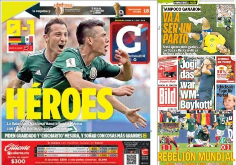 El triunfo de México y los batacazos de Alemania y Brasil acaparan las portadas de los medios internacionales.