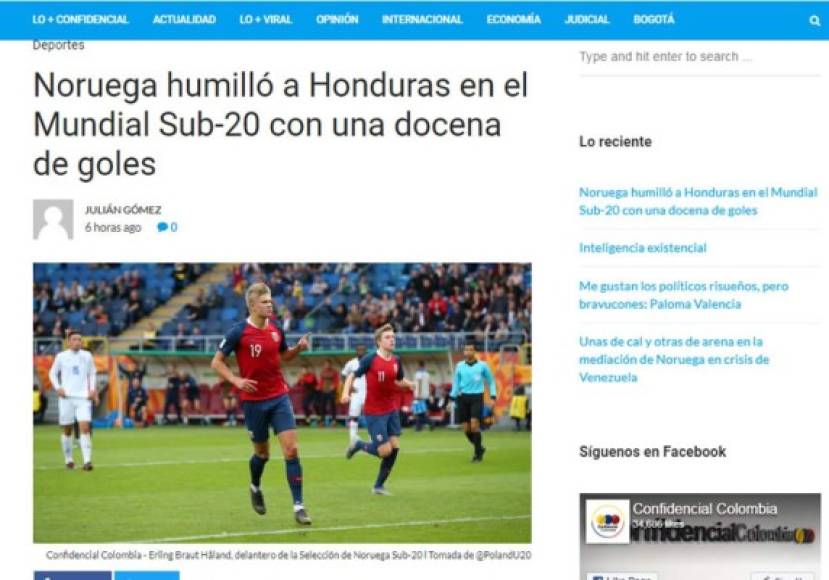 Diario Confidencial de Colombia: 'Noruega humilló a Honduras en el Mundial Sub-20 con una docena de goles'.