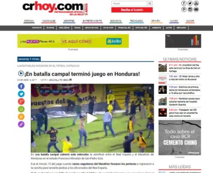Diario CRHoy de Costa Rica: '¡En batalla campal terminó juego en Honduras!'