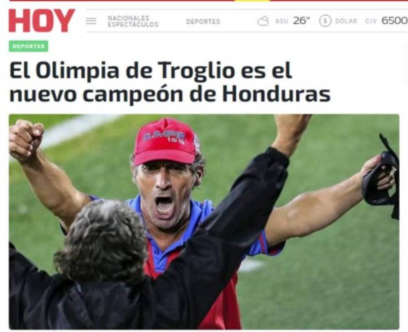 El diario Hoy de Argentina - “El Olimpia de Troglio es el nuevo campeón de Honduras”.