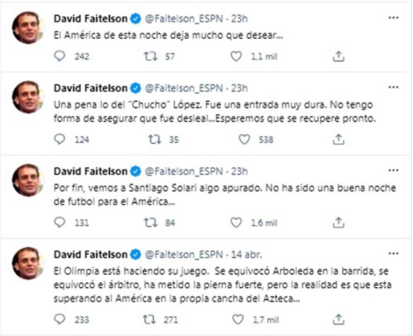 Faitelson estuvo tirando en su cuenta de Twitter contra el América, asegurando que el equipo mexicano dejó mucho que desear contra Olimpia en el estadio Azteca en la vuelta de octavos de final de la Concachampions.