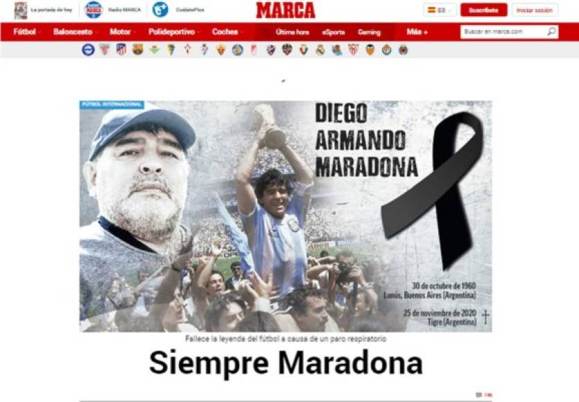 Diario Marca de España - 'Siempre Maradona'. 'Fallece la leyenda del fútbol a causa de un paro respiratorio'.