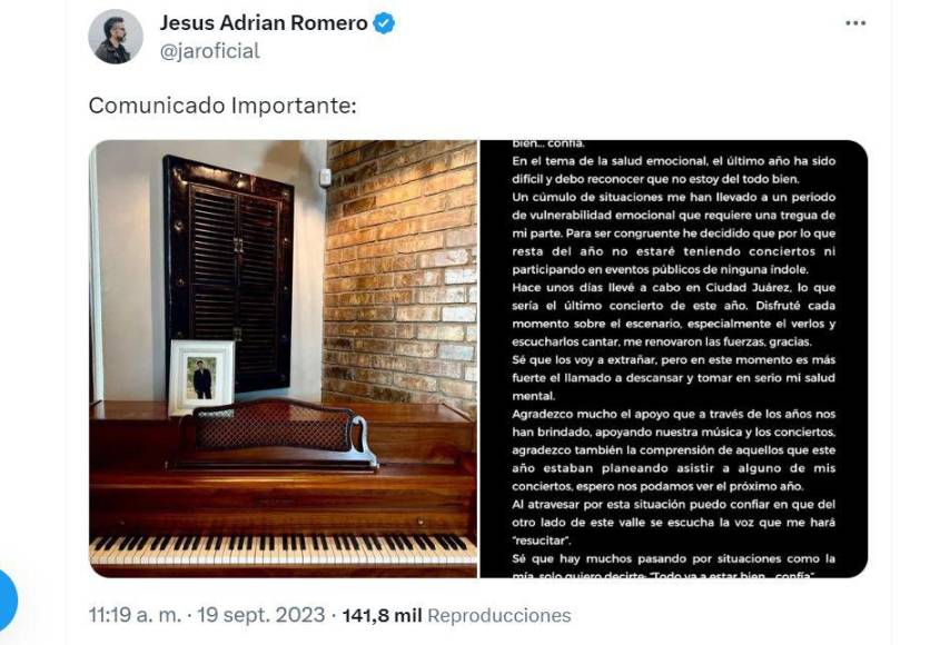 Tras la publicación de su comunicado, Jesús Adrián Romero ha recibido varios mensajes de apoyo por parte de sus amistades, colegas y seguidores.