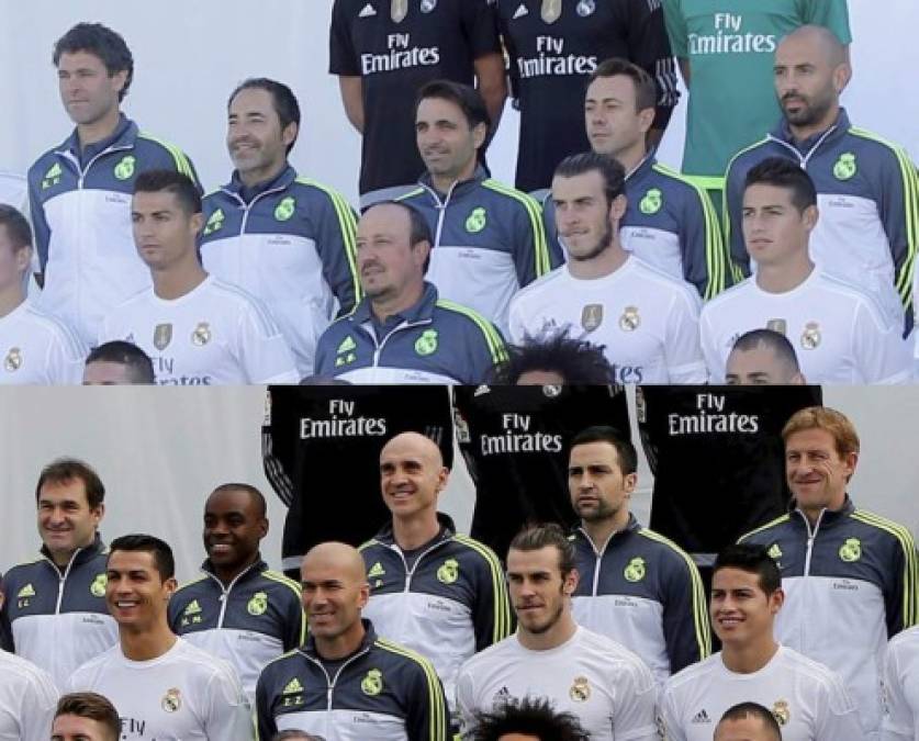 El cuerpo técnico de Benítez y el de Zidane. Nótese la posición privilegiada de Bettoni, oficialmente el encargado del material. (RealMadrid.com)