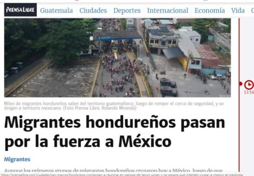 Prensa Libre diario local de Guatemala informó del paso de los hondureños por su país.