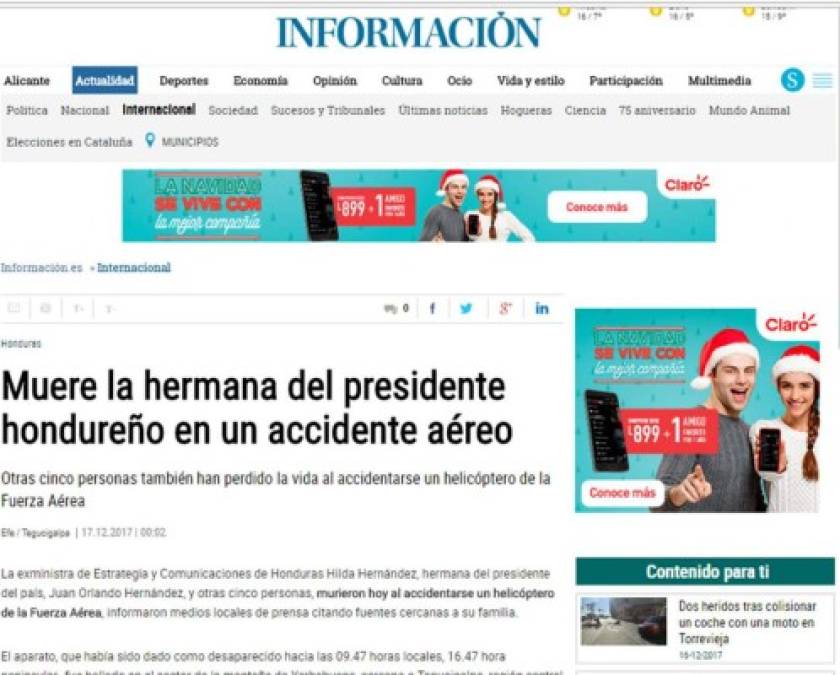 Diario Información de España: 'Muere la hermana del presidente hondureño en un accidente aéreo'. 'Otras cinco personas también han perdido la vida al accidentarse un helicóptero de la Fuerza Aérea'.
