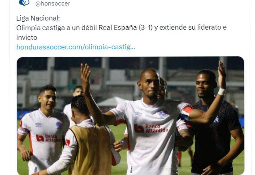 ”Olimpia castiga a un débil Real España y extiende su liderato e invicto”, señaló Honduras Soccer.