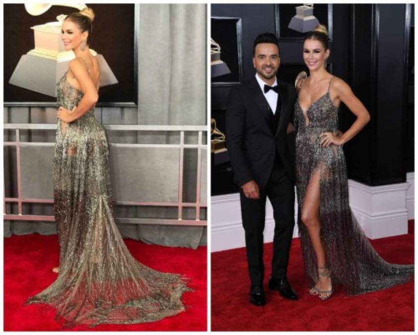 La esposa de Luis Fonsi, Águeda López, escogió un vestido dorado de escote en V y repitió la abertura en la pierna izquierda, diseño de la española Juana Martín.