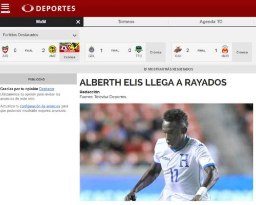 La cadena Televisa informó en su página de internet el fichaje del seleccionado hondureño a los Rayados de Monterrey.