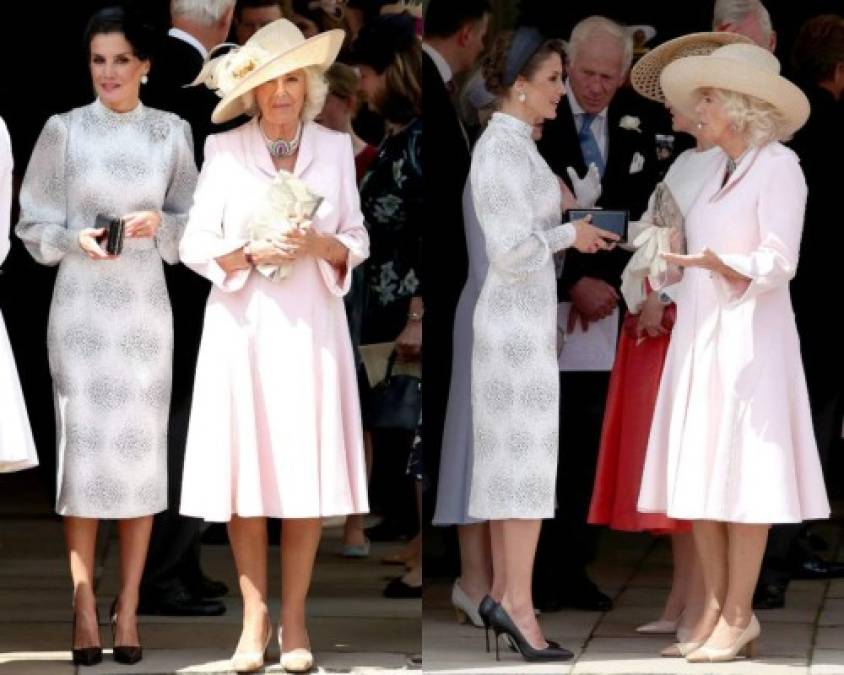 Letizia llevaba un vestido del sello español Cherubina, mientras que Camilla vestía un abrigo rosa de Anna Valentine con un sombrero Philip Treacy.