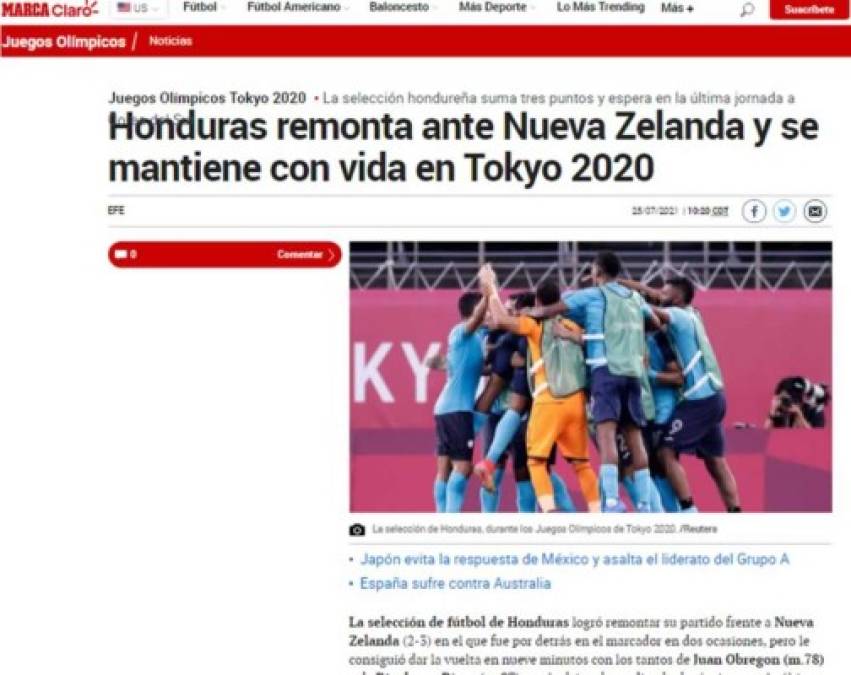 Diario Marca (España) - “Honduras remonta ante Nueva Zelanda y se mantiene con vida en Tokyo 2020“. “La selección hondureña suma tres puntos y espera en la última jornada a Corea del Sur“.