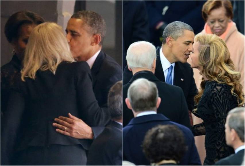 A su llegada al funeral, la premier saludó efusivamente al presidente Barack Obama, quien cierra los ojos en lo que parece ser un instante de debilidad. El mandatario fue captado en otra escena similar con la popular cantante Beyonce.