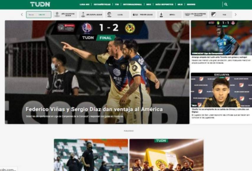 TUDN de México - El portal mexicano destacó el aporte goleador de Federico Viñas y Sergio Díaz para dar la “ventaja al América“ en el juego de ida ante Olimpia.