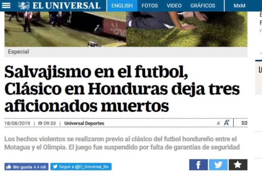 El Universal de México habló de salvajismo en el fútbol al informar sobre lo ocurrido en Tegucigalpa.