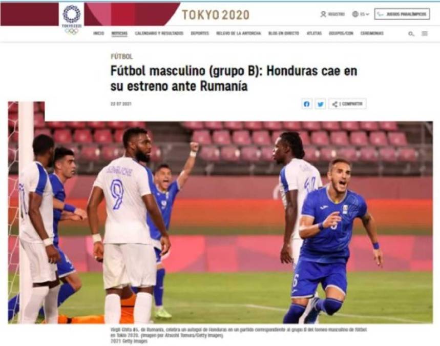 La página oficial de los Juegos Olímpicos de Tokio (en español) - “Fútbol masculino (grupo B): Honduras cae en su estreno ante Rumania”.