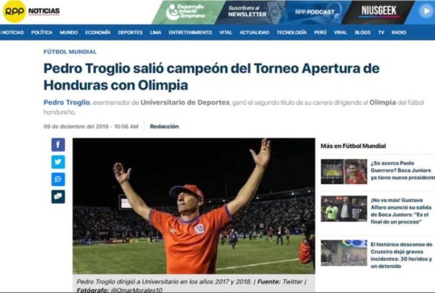RPP de Perú - 'Pedro Troglio salió campeón del Torneo Apertura de Honduras con Olimpia'.