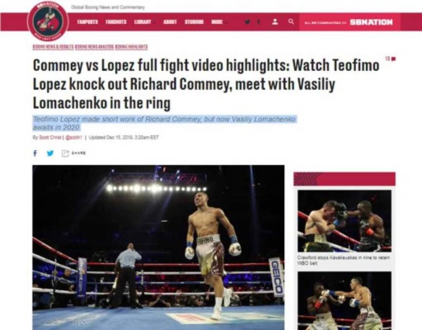 Badlefthook - 'Teófimo López hizo un breve trabajo con Richard Commey, pero ahora Vasiliy Lomachenko espera en 2020'.