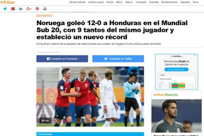Infobae de Argentina: 'Noruega goleó 12-0 a Honduras en el Mundial Sub 20, con 9 tantos del mismo jugador y estableció un nuevo récord'.