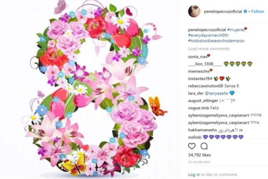 La actriz española Penélope Cruz, subió en su Instagram esta imagen con flores en forma del número ocho, usando el hashtag #mujeres ❤️ #everydayismarch8th #todoslosdiasesochodemarzo.