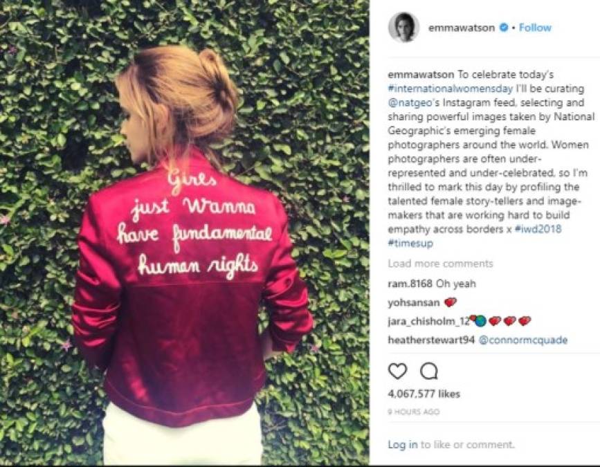 Emma Watson inició una campaña para conmemorar el Día Internacional de la Mujer a través de su cuenta de Instagram.<br/><br/>'Para celebrar el Día Internacional de la Mujer estaré a cargo del Instagram de Nat Geo, seleccionando y compartiendo poderosas imágenes tomadas por las fotógrafas emergentes de National Geographic en todo el mundo'.<br/>