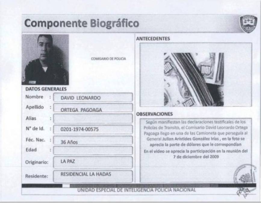 Ficha del subcomisario de Policía David Leonardo Ortega Pagoaga, señalado en el caso de la muerte de Alfredo Landaverde, según publicación de The New York Times atribuida a un informe de la Inspectoría General de la Policía de Honduras.