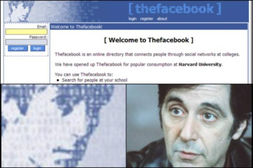 En sus comienzos , el logo de Facebook era una foto del actor Al Pacino, que aparecía en la página de inicio. Esto fue creado por un amigo de Mark Zuckerberg en la universidad.