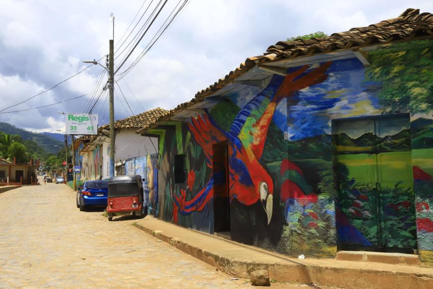 En una casa de esquina está reflejada la guacamaya que es el ave nacional de Honduras, en su bello plumaje resaltan los colores rojo, azul y amarillo.