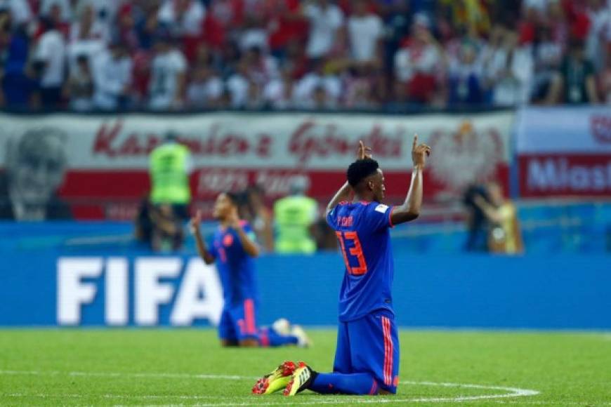 Yerry Mina agradece a Dios por la victoria de Colombia ante Polonia. Foto AFP