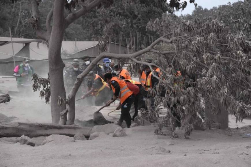 Members of Guatemalan Army and police officers, search for victims in the ash-covered village of San Miguel Los Lotes, in Escuintla department, about 35 km southwest of Guatemala City, two days after the eruption of the Fuego Volcano, on June 5, 2018.<br/>Rescue workers pulled more bodies from under the dust and rubble left by an explosive eruption of Guatemala's Fuego volcano, bringing the death toll to at least 69. / AFP PHOTO / JOHAN ORDONEZ