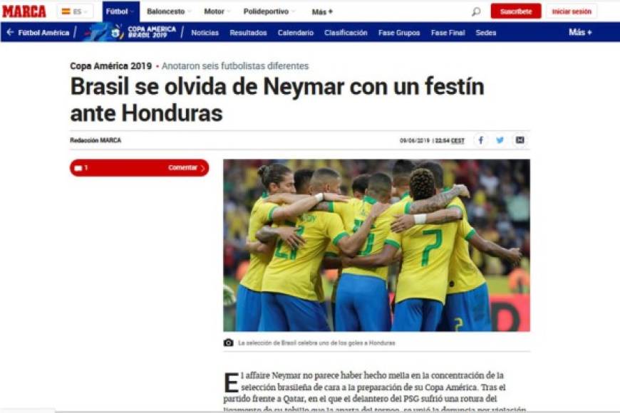 Diario Marca de España - 'Brasil se olvida de Neymar con un festín ante Honduras'.