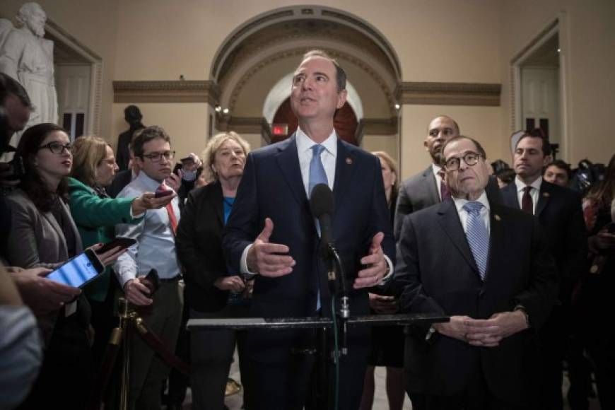 WASHINGTON, DC - JANUARY 21: House impeachment manager Rep. Adam Schiff (D-CA) speaks to reporters during a brief media availability before the start of the impeachment trial at the U.S. Capitol on January 21, 2020 in Washington, DC. Also pictured, L-R, other House impeachment managers Rep. Zoe Lofgren, Rep. Hakeem Jeffries (D-NY), Rep. Jerry Nadler (D-NY) and Rep. Jason Crow (D-CO). The Senate impeachment trial of U.S. President Donald Trump resumes on Tuesday. Drew Angerer/Getty Images/AFP<br/><br/>== FOR NEWSPAPERS, INTERNET, TELCOS & TELEVISION USE ONLY ==<br/><br/>